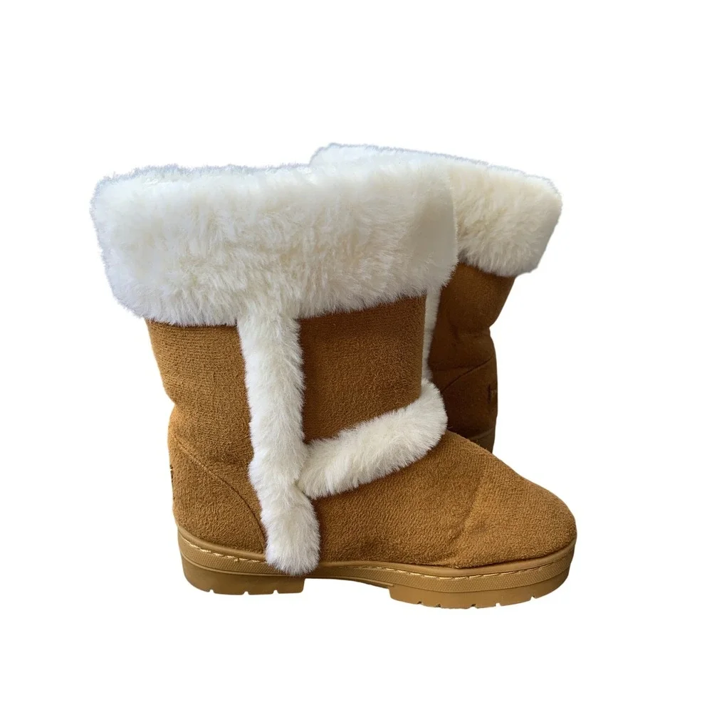 Bebe Girls Faux Fur Winter Boots Tan Brown‎ w/ Rhinestone Buckle Accent Size 11